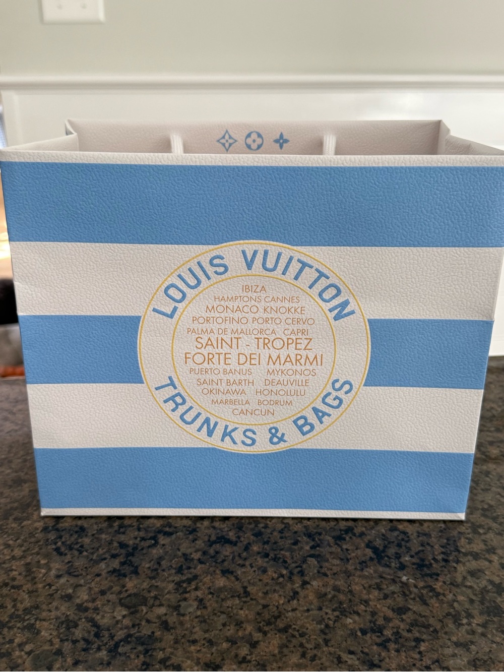 Louis Vuitton White Box & Shopping Bag with Blue and Gold Logo